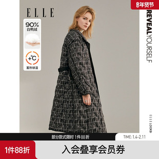 ELLE复古时尚休闲羽绒服女2025秋季新款翻领设计感中长款收腰外套