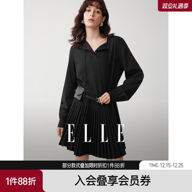 【商场同款】ELLE高级感长袖连衣裙女2025秋季新款腰带收腰短