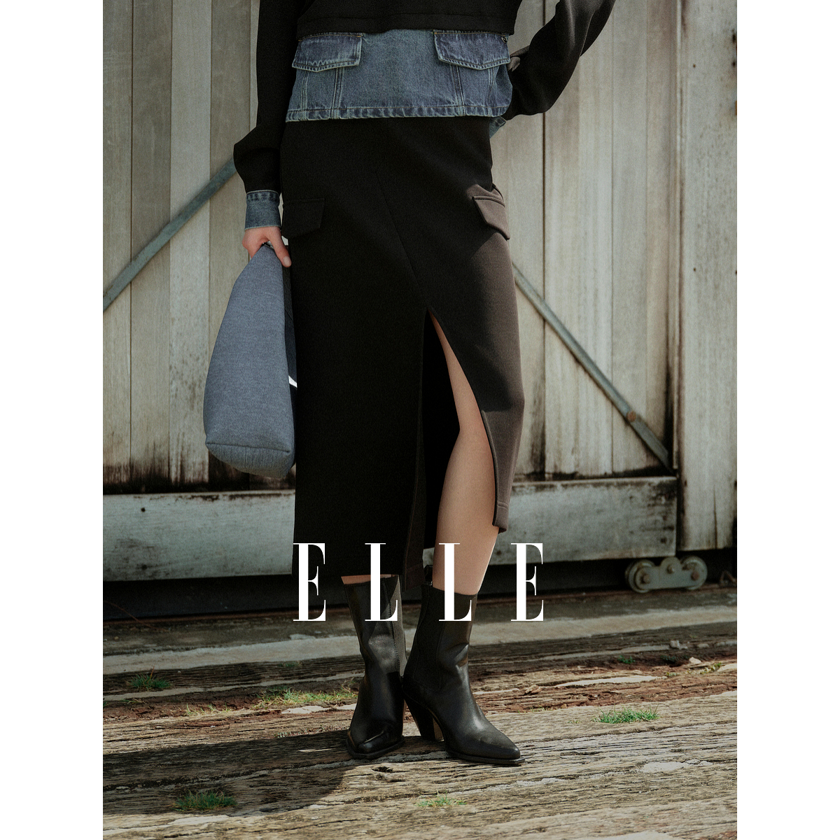 ELLE黑色设计感开叉鱼尾裙