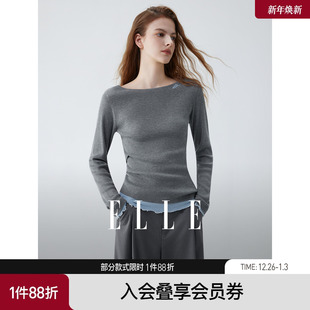 通勤设计感毛衫 新款 女2025秋季 ELLE醋酸绵羊毛高智感一字领针织衫