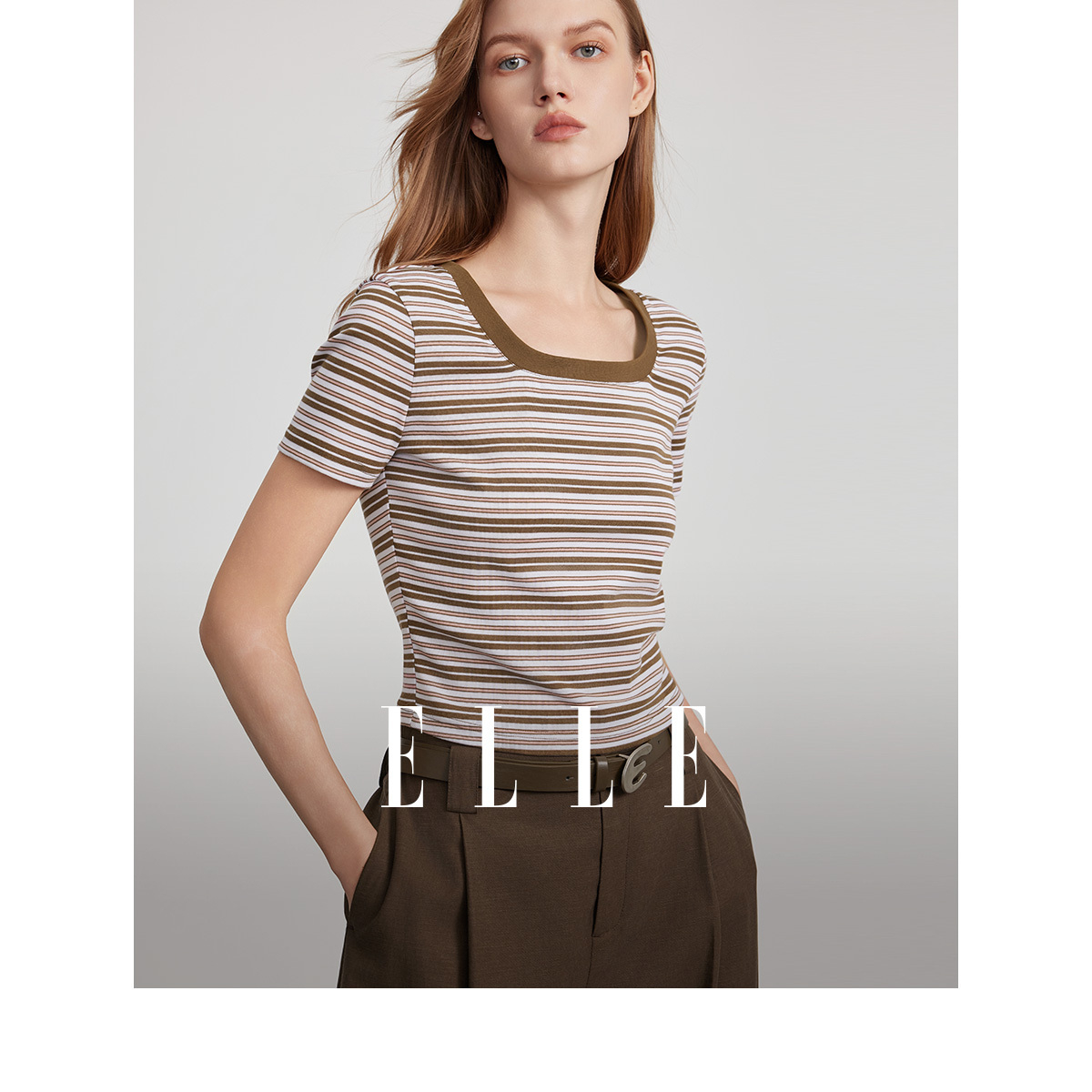ELLE法式方领条纹短袖女
