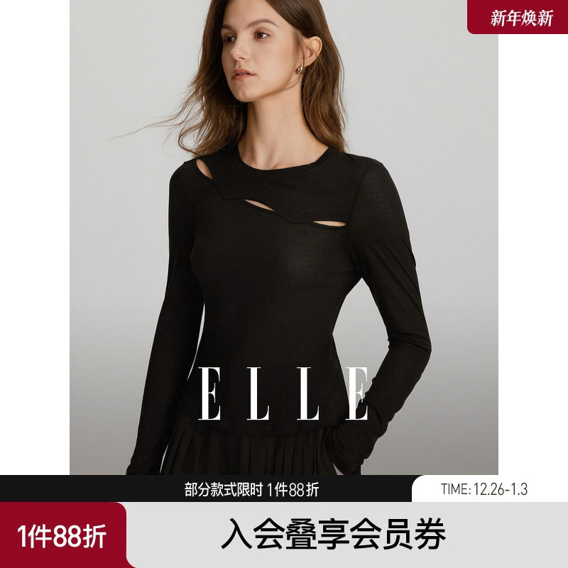 ELLE法式黑色设计感镂空圆领T恤女2025秋装新款修身气质长袖