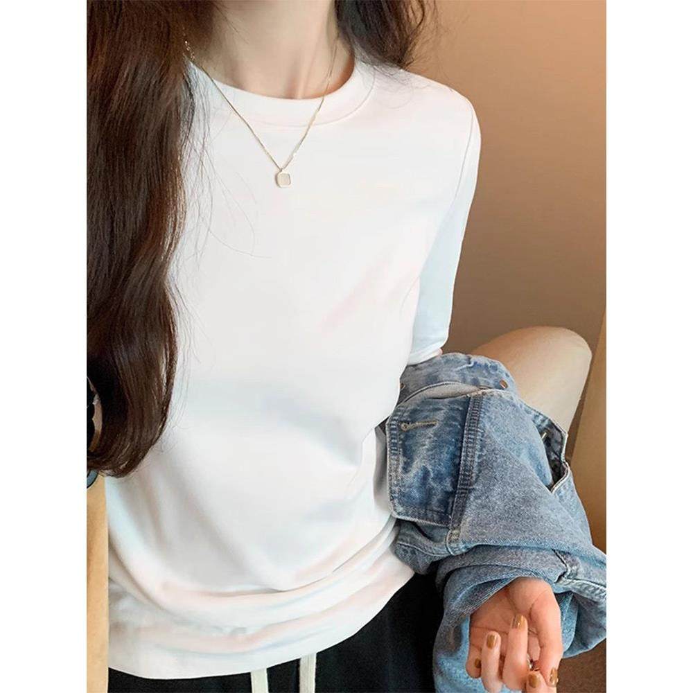 白色磨毛长袖T恤女春秋冬季叠穿内搭修身打底衫显瘦宽松圆领上衣