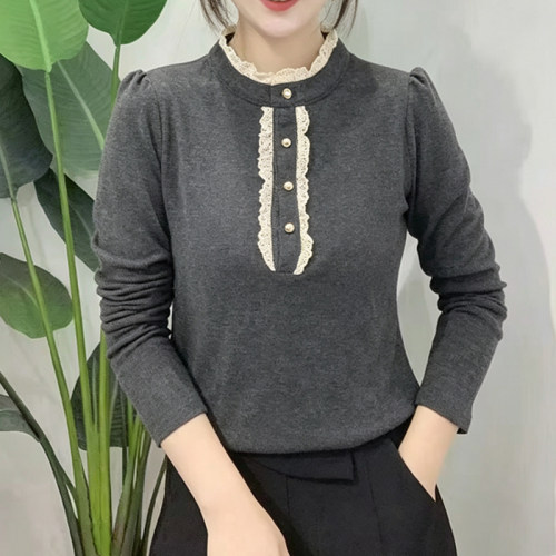 10-16F  新款蕾丝木耳边拼接复古打底T恤 3060-2865