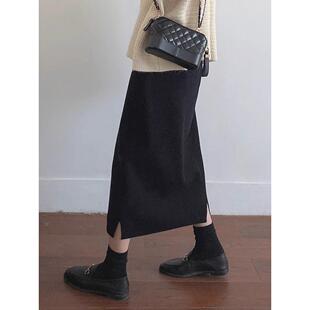黑色毛呢半身裙女秋冬新款高腰开叉a字裙遮胯显瘦大码中长款裙子