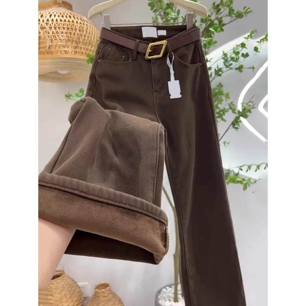 美拉德棕色阔腿牛仔裤女秋冬加绒2025新款高腰显瘦咖啡色直筒裤