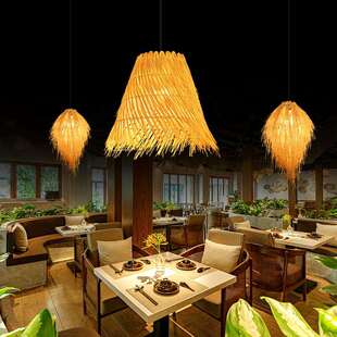 藤编吊灯餐厅复古民宿藤艺鸟巢灯日式饭店餐馆草帽灯罩竹艺竹王之