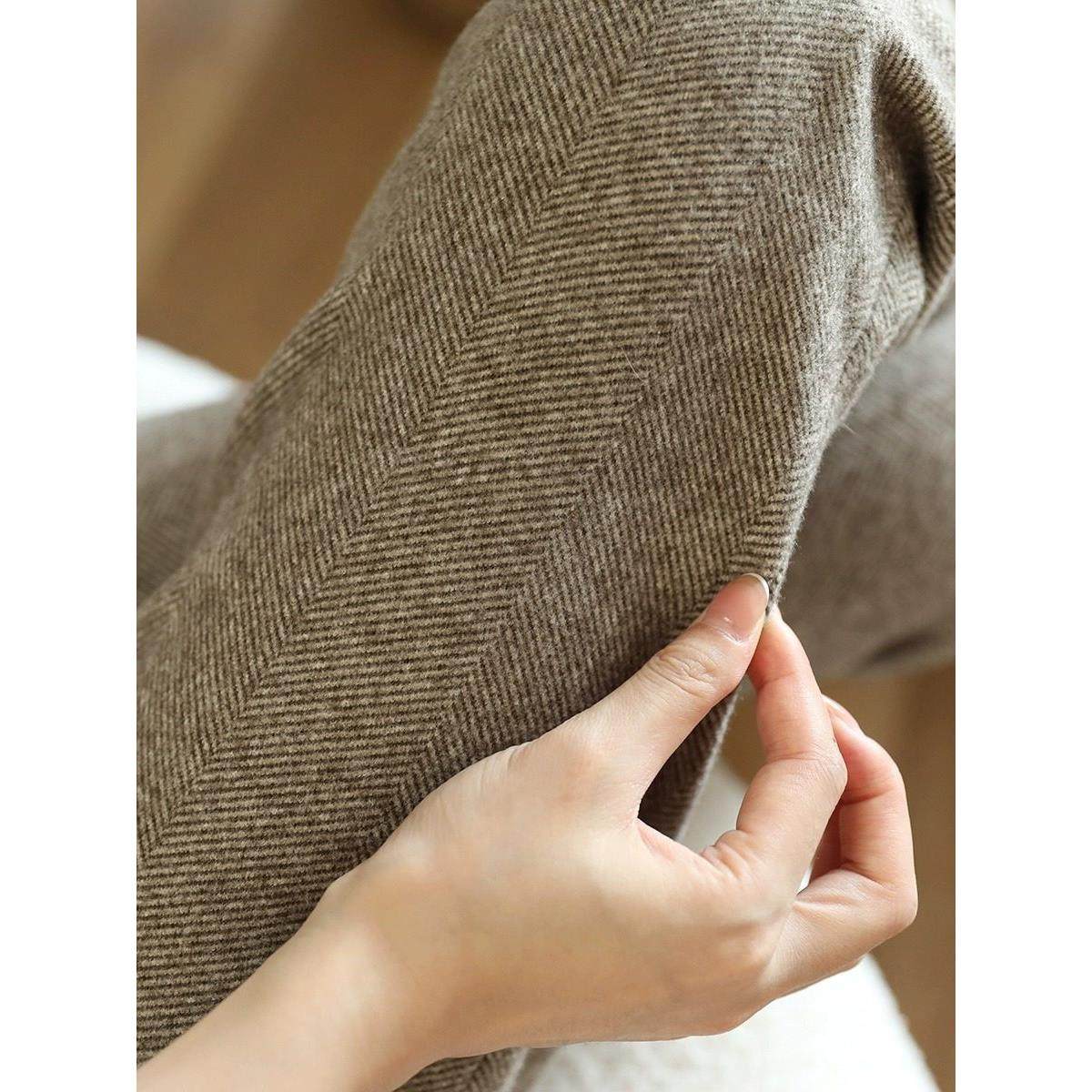 加厚毛呢裤子女秋冬棕咖色人字纹直筒裤直筒西装裤显瘦高腰烟管裤