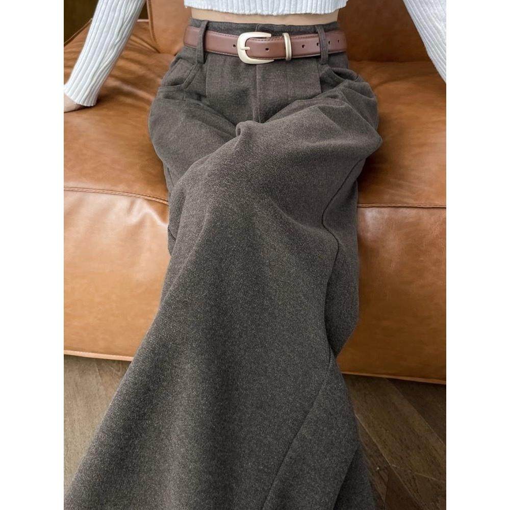 咖啡色毛呢阔腿裤女秋冬新款宽松显瘦直筒裤窄版垂感高腰西装裤