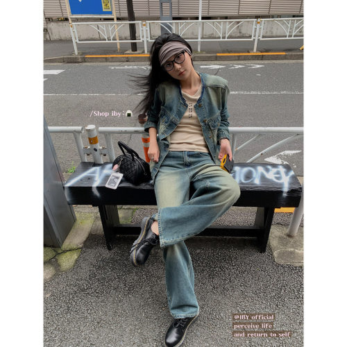 易恩欧inbyin重工洗水美式复古牛仔外套女秋季小个子圆领