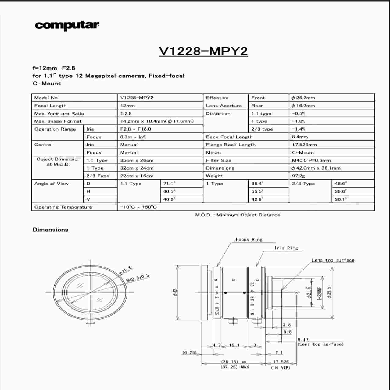 康达标工业镜头，型号V1228-MY2，可以支持2000万像