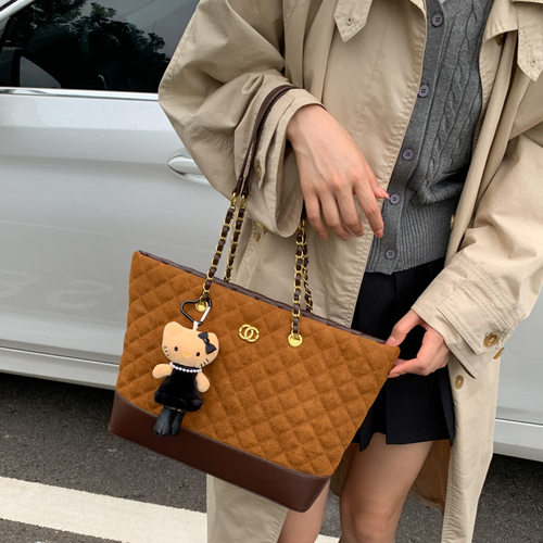 复古菱格链条包女大容量托特包PU撞色通勤包时尚百搭手提包