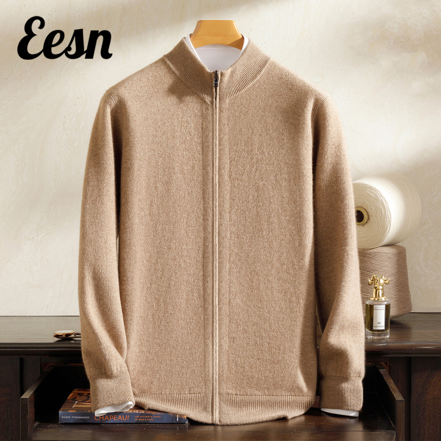 男士加厚半高领拉链山羊绒开衫