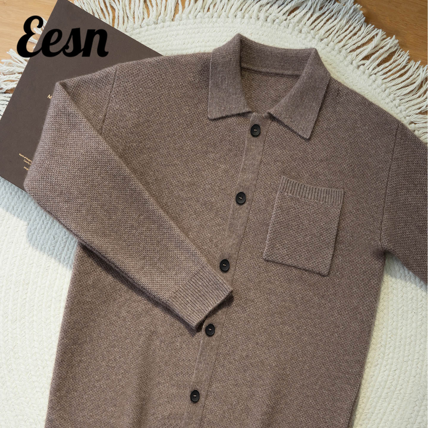 轻奢商务休闲翻领羊绒衬衣开衫男士纯色高级感针织毛衣外套上衣