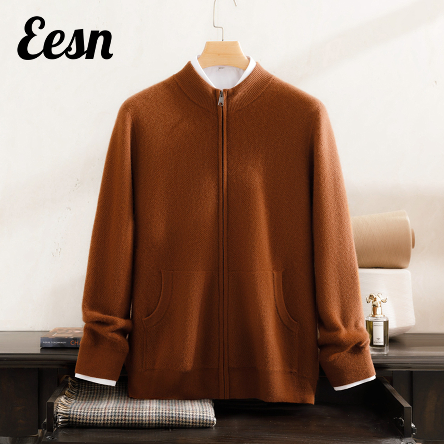 高端加厚100%纯山羊绒开衫男上衣