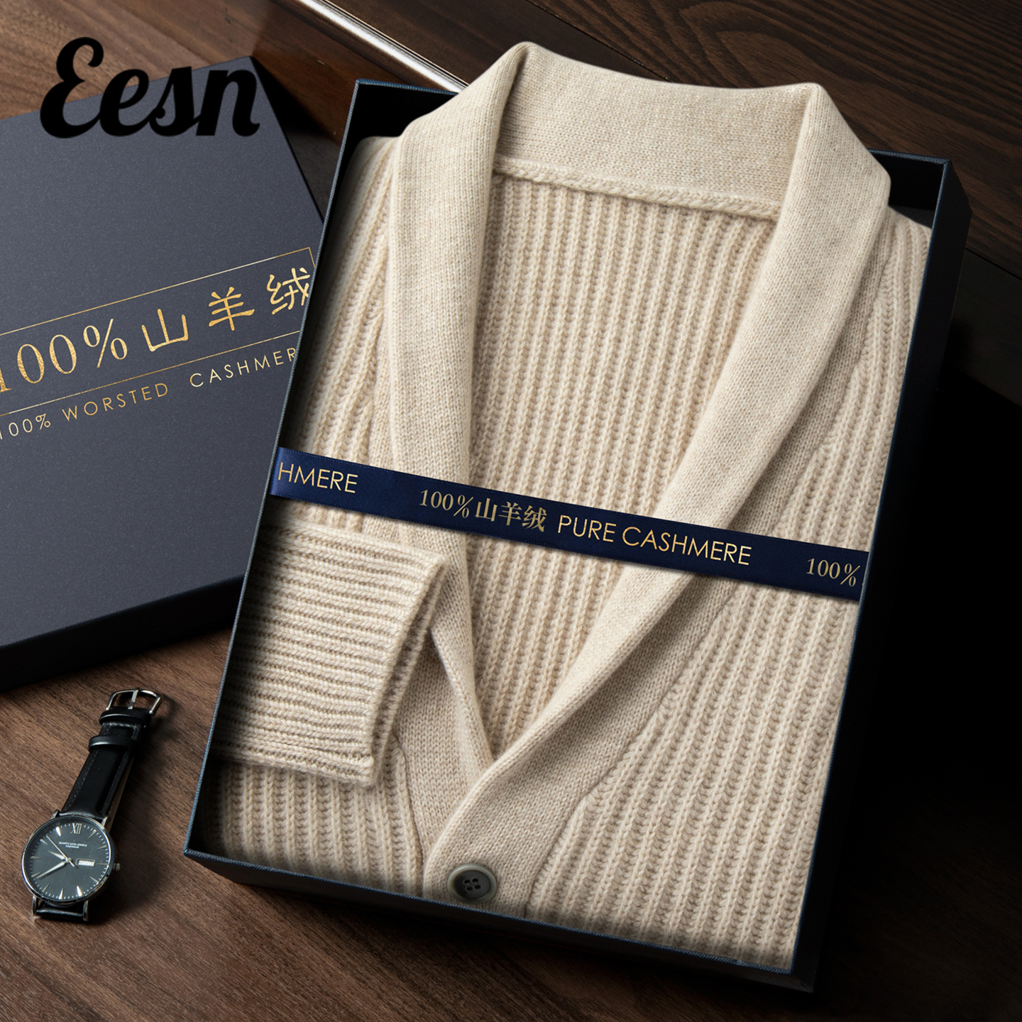 秋冬加厚青果领针织山羊绒开衫男