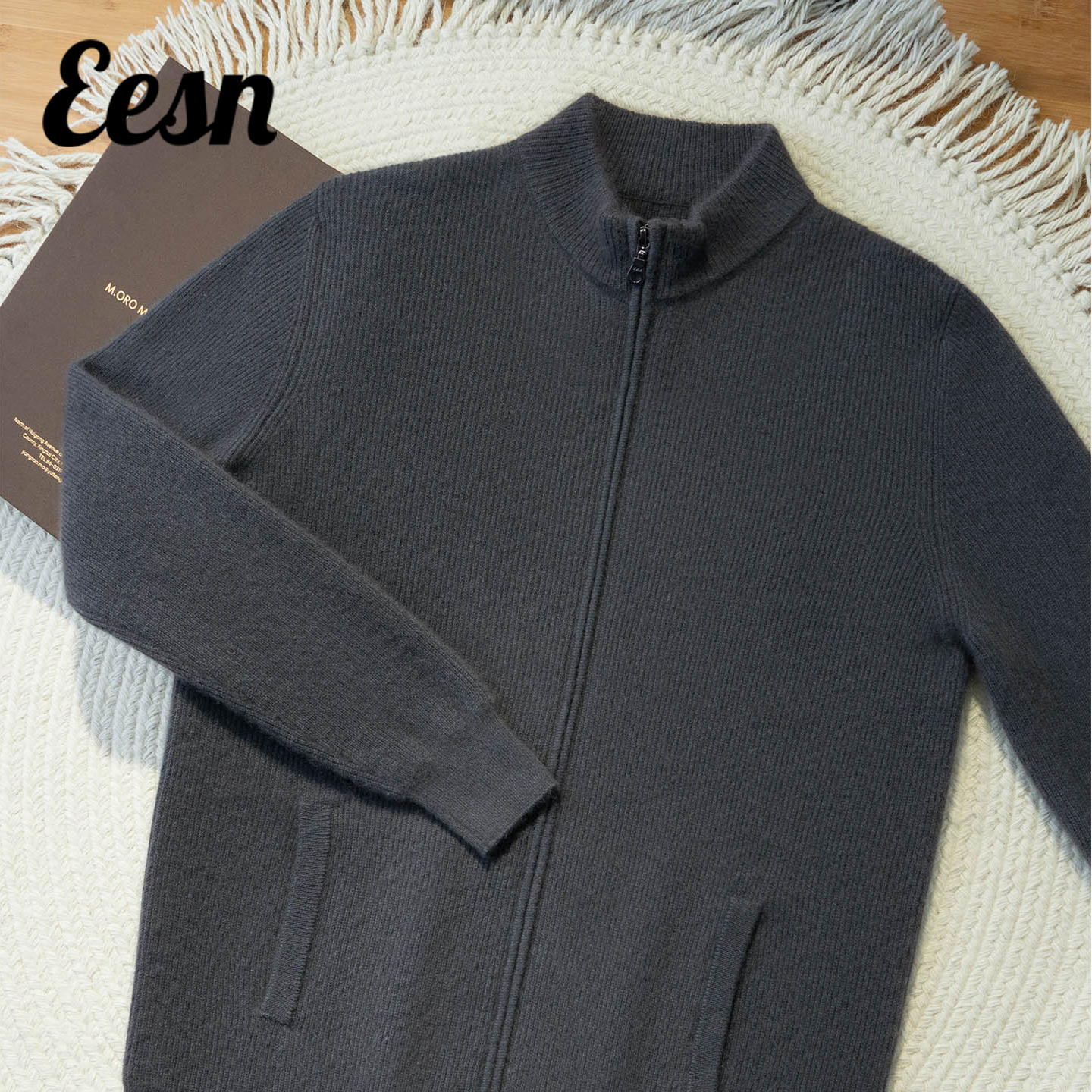 高端品质半高领拉链山羊绒开衫男