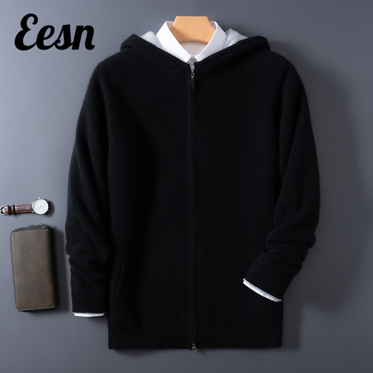经典撞色拉链连帽羊绒开衫男士