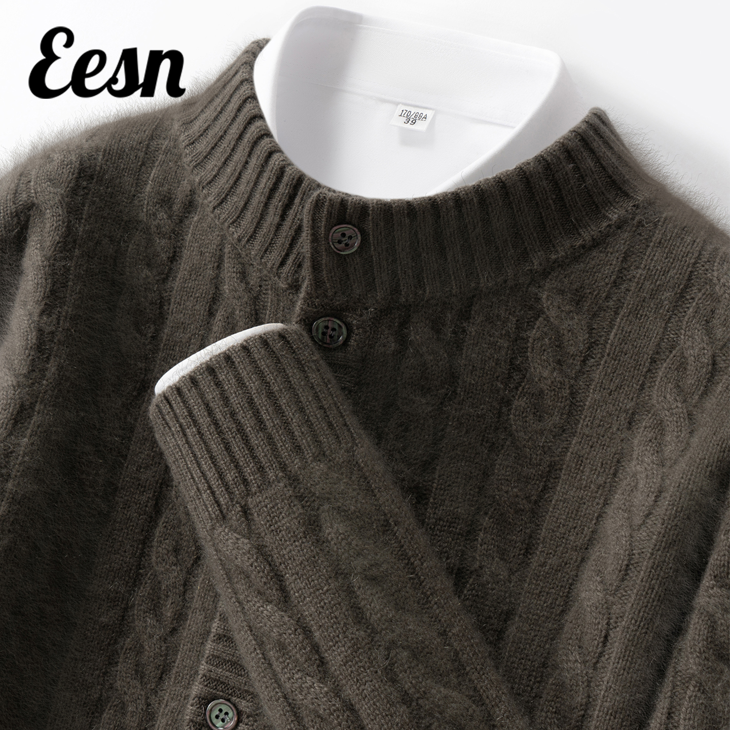 全身绞花半高领加厚山羊绒开衫男