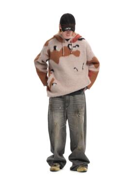 Brokenonyx 沙漠迷彩连帽针织衫街头涂鸦印花毛衣马海毛宽松上衣