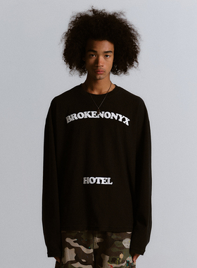 Brokenonyx 甄选面料全棉闪粉LOGO印花长袖水洗磨白宽松打底衫