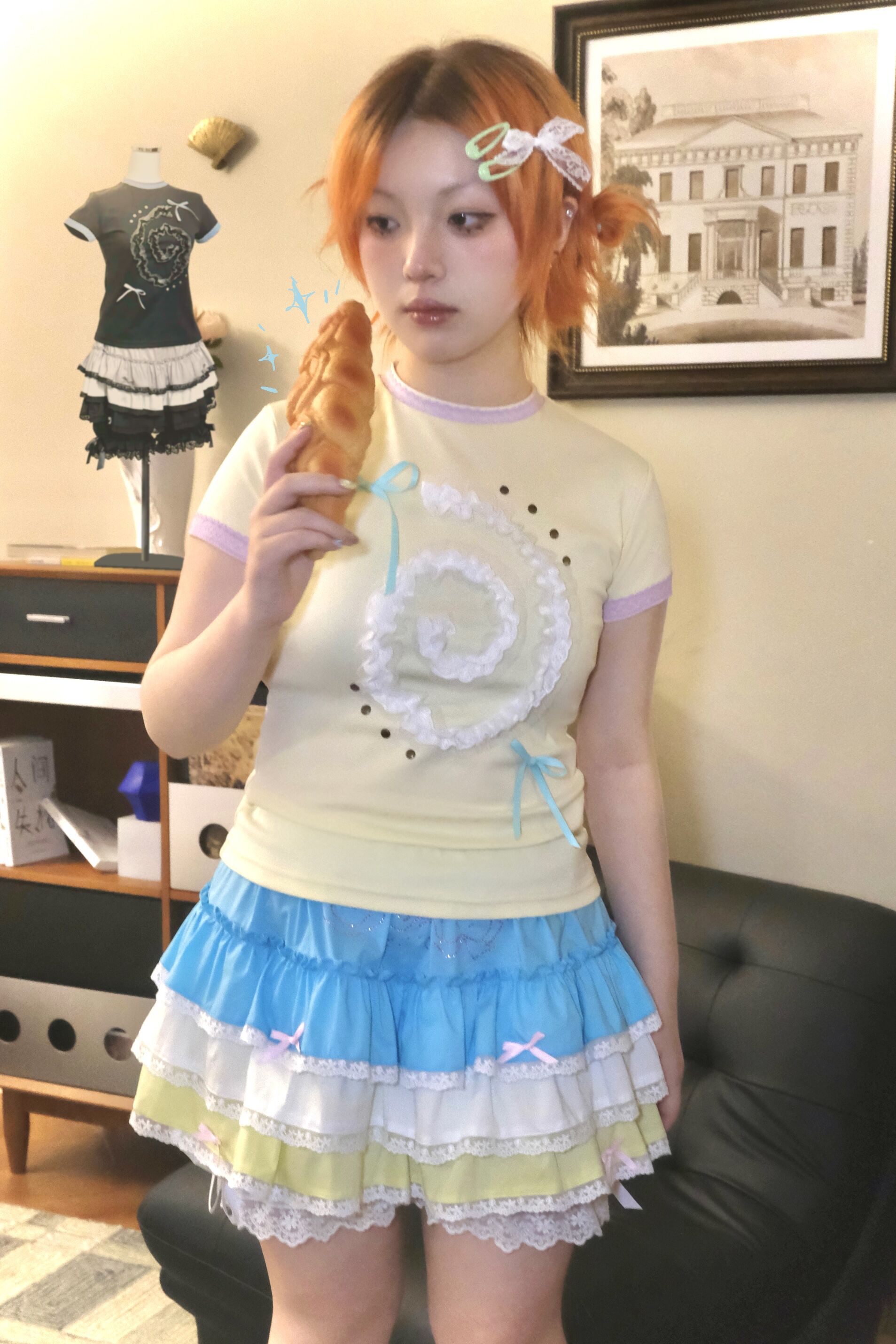 蜗牛骸可爱蝴蝶结蕾丝短袖撞色