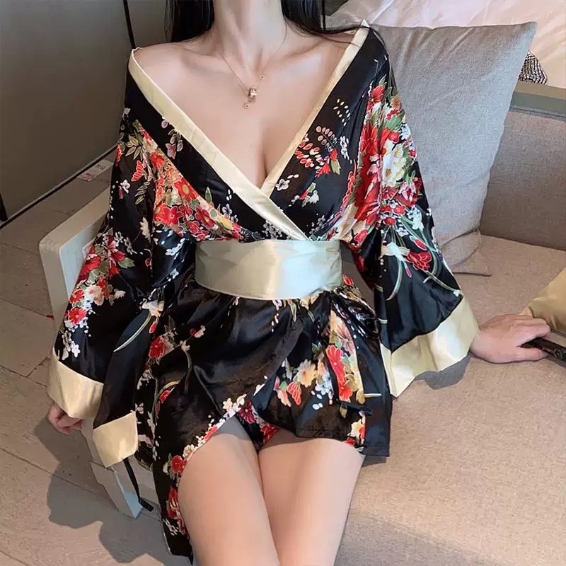 日系趣味网纱性感睡裙夏季冰丝战袍纯情腰带大码服日式