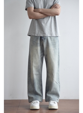 HFB【小个子定制裤长】美式高街水洗蓝色宽松直筒牛仔裤长裤3918