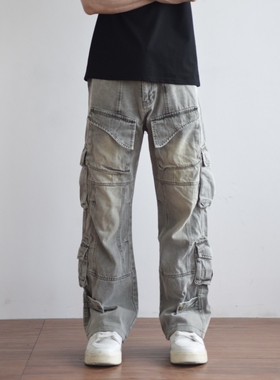 HFB【小个子定制裤长版】美式多口袋水洗重磅牛仔裤直筒裤男3889