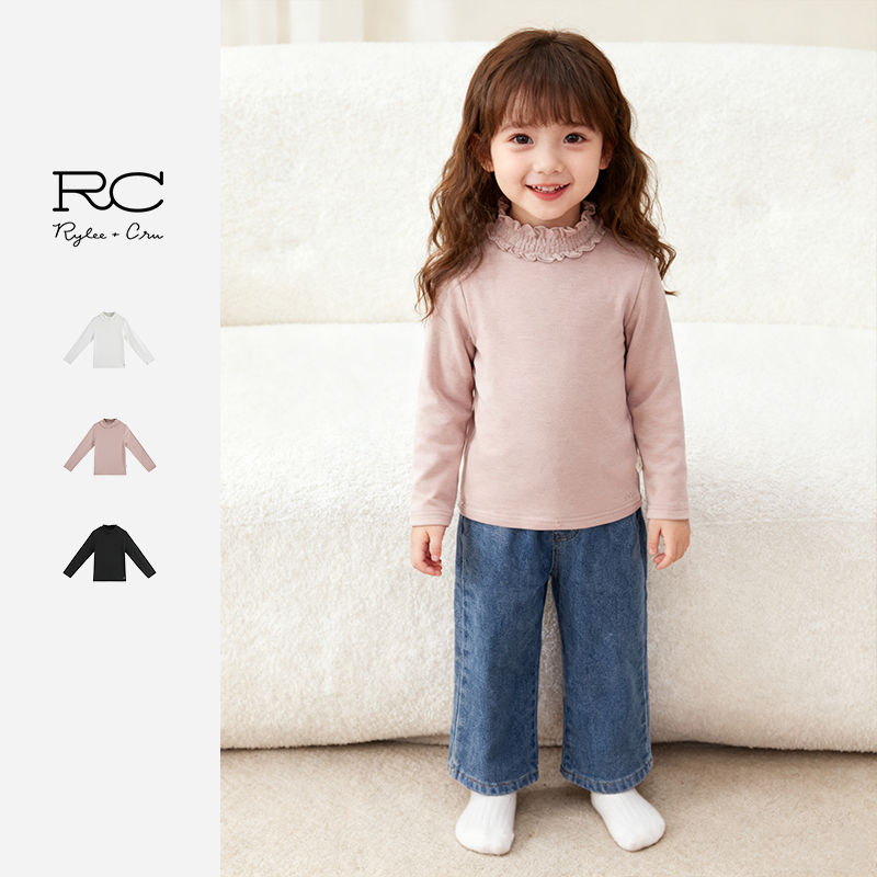 RyleeCru女孩女童保暖德绒打底衫半高领宝宝木耳边长袖t恤冬新款