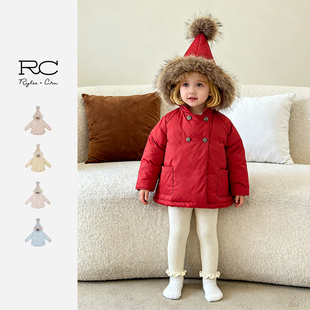 RyleeCru官方正品男女童精灵帽羽绒服RC童装羽绒服保暖毛领新年红