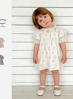 Ryleecru商场同款女童连衣裙司马克缩褶绣碎花满印女宝裙子RC童装