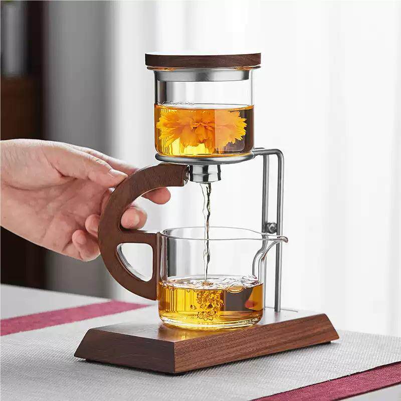 玻璃懒人自动泡茶神器家用办公室防烫手胡桃木冲茶器茶水分离茶壶
