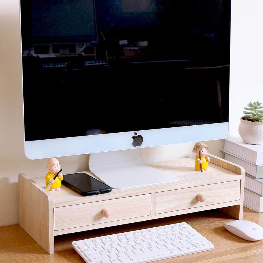 护颈台式电脑增高架显示器底座办公室桌面收纳盒抽屉式实木置物架