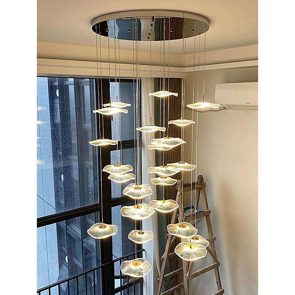 别墅复式楼客厅大吊灯新中式创意荷叶loft公寓餐厅灯茶室沙盘吊灯