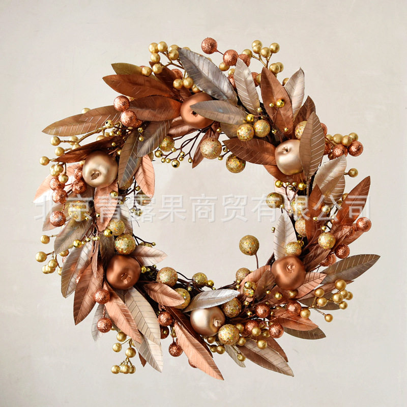 直销仿真金色花环40cm圣诞节壁挂门饰香槟金树叶墙壁装饰 wreath