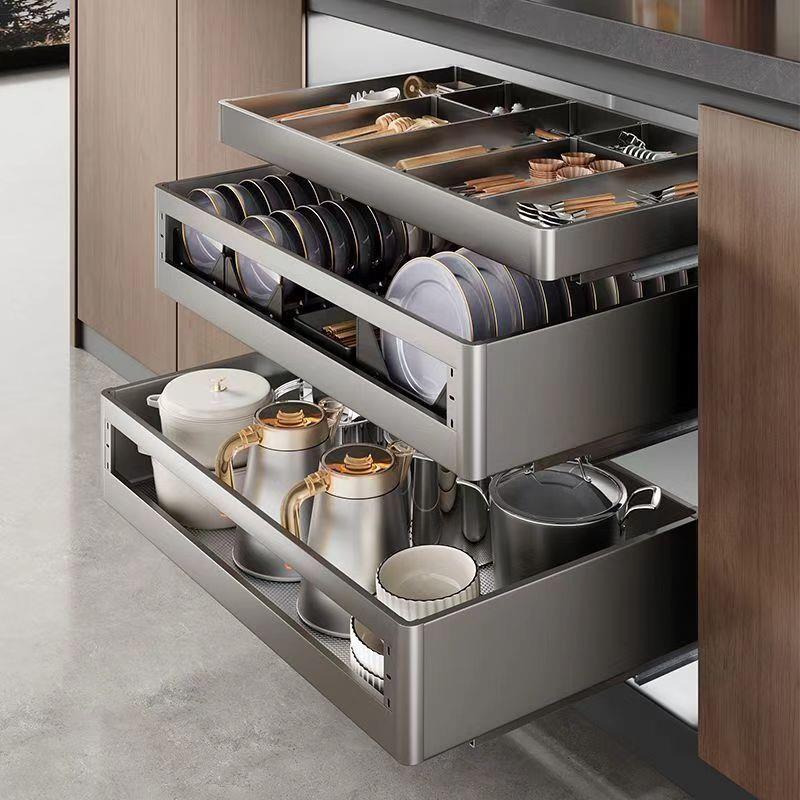 多层拉篮厨房双层碗柜304不锈钢抽拉式内置碗架收纳碗碟篮其他