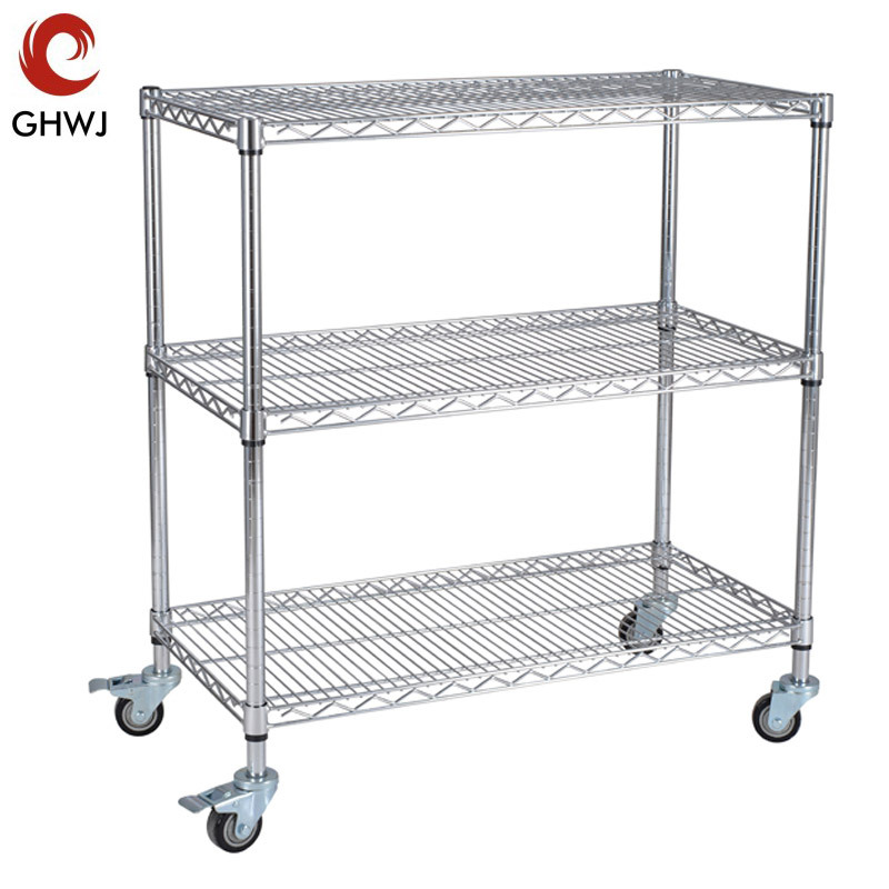 三层移动式货架镀铬线网电商物流防静电不锈钢手推车带轮子分拣车