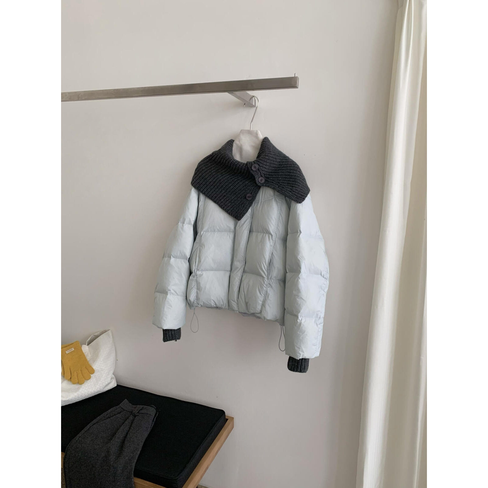 韩系高级感针织围脖拼接棉服女装2026年冬季新款宽松加厚保暖外套