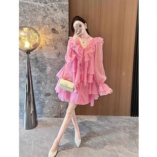 春装2025年新款度假风荷叶边雪纺连衣裙女超仙气质粉色仙女短裙