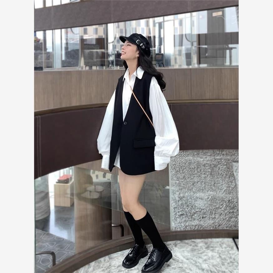 2024春秋装新款无袖小西装外套马夹女百搭显瘦中长款宽松气质马甲