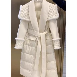 冬季欧货新小香风设计感白色长款加厚保暖收腰女士羽丝绒棉服外套