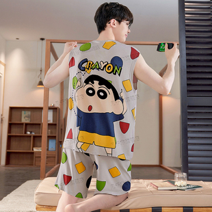 男士莫代尔睡衣夏季背心冰丝薄款无袖男孩童青少年初中学生家居服