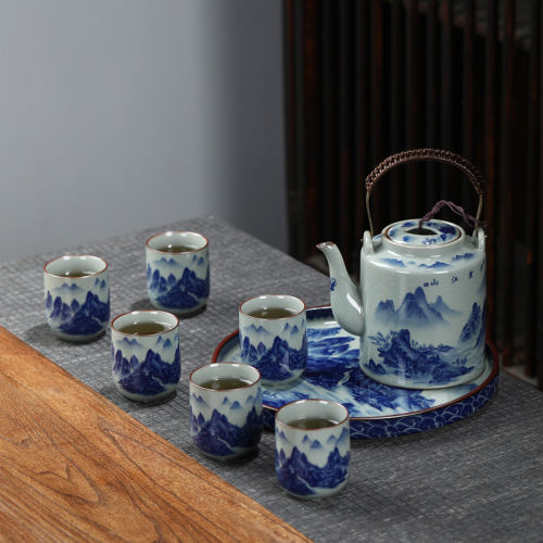 景德镇青花瓷功夫茶具套组大号陶瓷老陶泥开 片提梁壶茶杯茶盘整