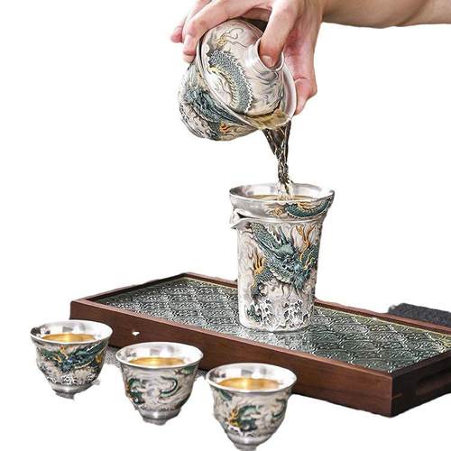 茶具礼品银茶具真银包银上作画盖碗套组陶瓷鎏银养生功夫茶具整套