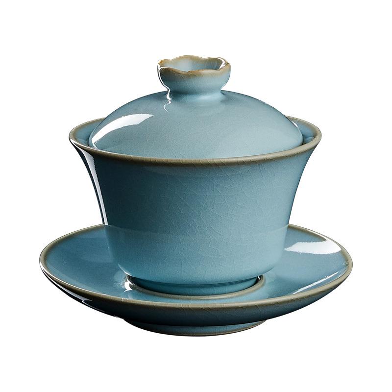 娄根旺大师汝窑三才盖碗茶杯建盏手工陶瓷功夫茶具汝瓷杯图片