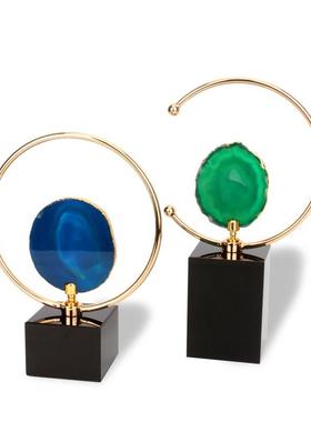 现代简约天然玛瑙石切片摆件电镀铁艺客厅玄光电视柜家居装饰品