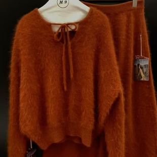 馨菲慵懒风V领宽松系带保暖毛衣 5391 含49兔毛