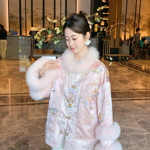 馨菲国风新中式 重工宋锦拼真狐狸毛保暖羽绒服外套W265 中式