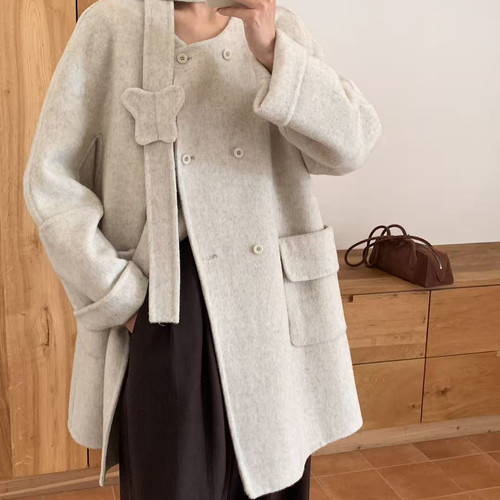 馨菲上新气质复古中长款时尚羊毛外套(配腰带)（含100羊毛）a1867
